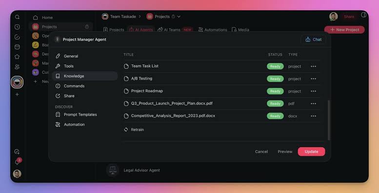 Taskade AI agents for project management working as a team of specialist agents on a project