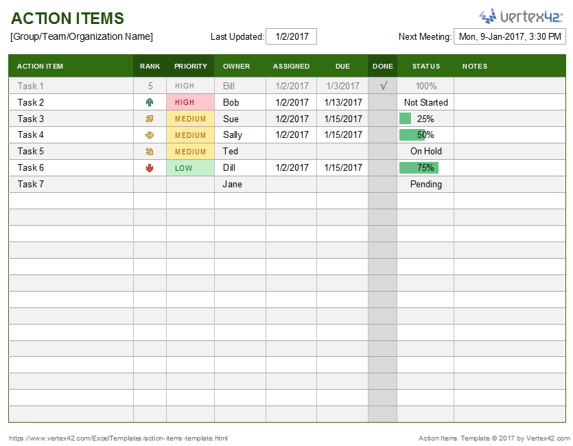 Vertex42 action items template in Google Sheets with columns for action item, owner, due date, priority and a checkbox for done