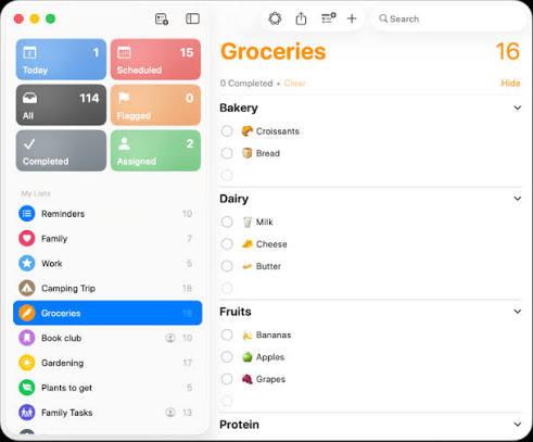 Apple Reminders on Mac showing a grocery list grouped into Bakery, Dairy, Fruits, and Protein
