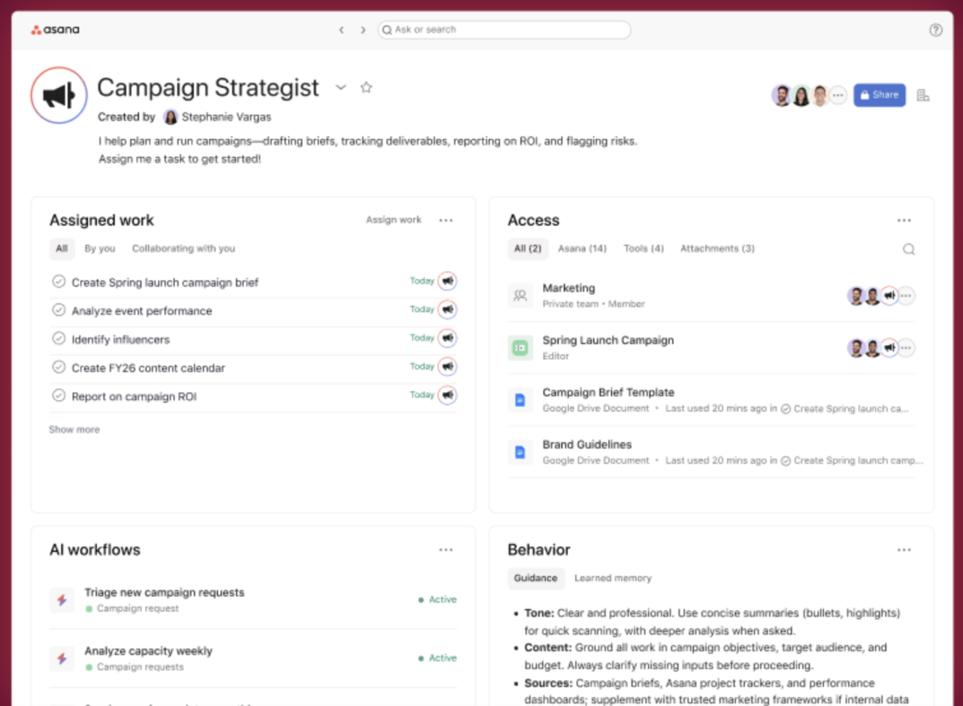 Asana AI Teammate as an AI agent for project management, routing an intake request and assigning an owner