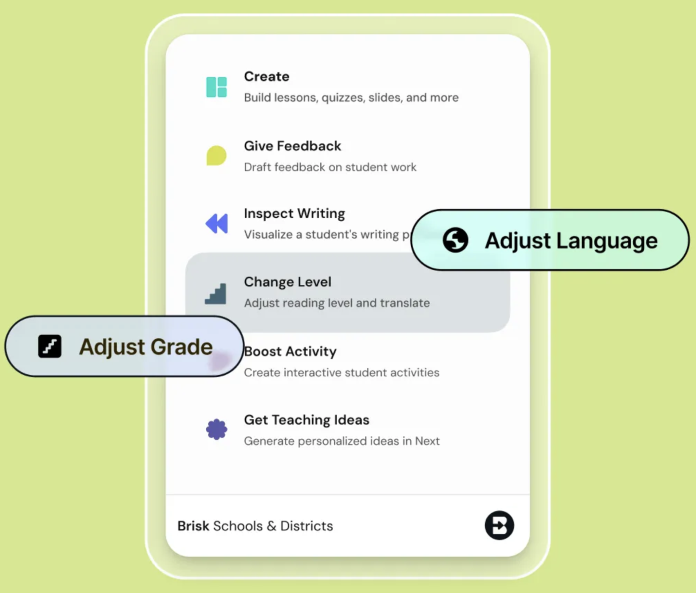 Brisk Teaching menu with tools for creating lessons, giving feedback, inspecting writing, and adjusting reading level and language