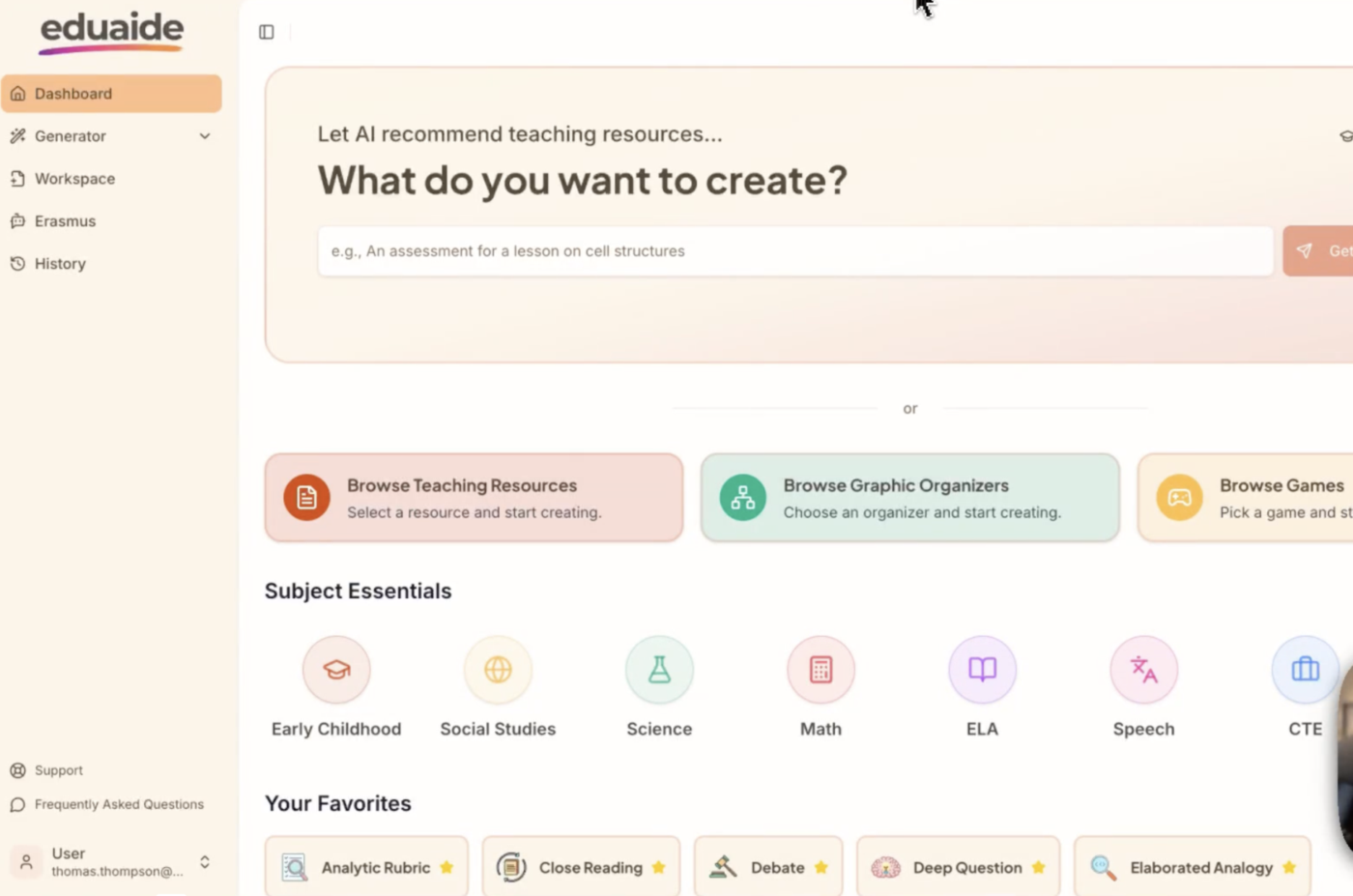 Eduaide.ai dashboard with a resource-generation prompt, subject categories, and options for teaching resources, graphic organizers, and games