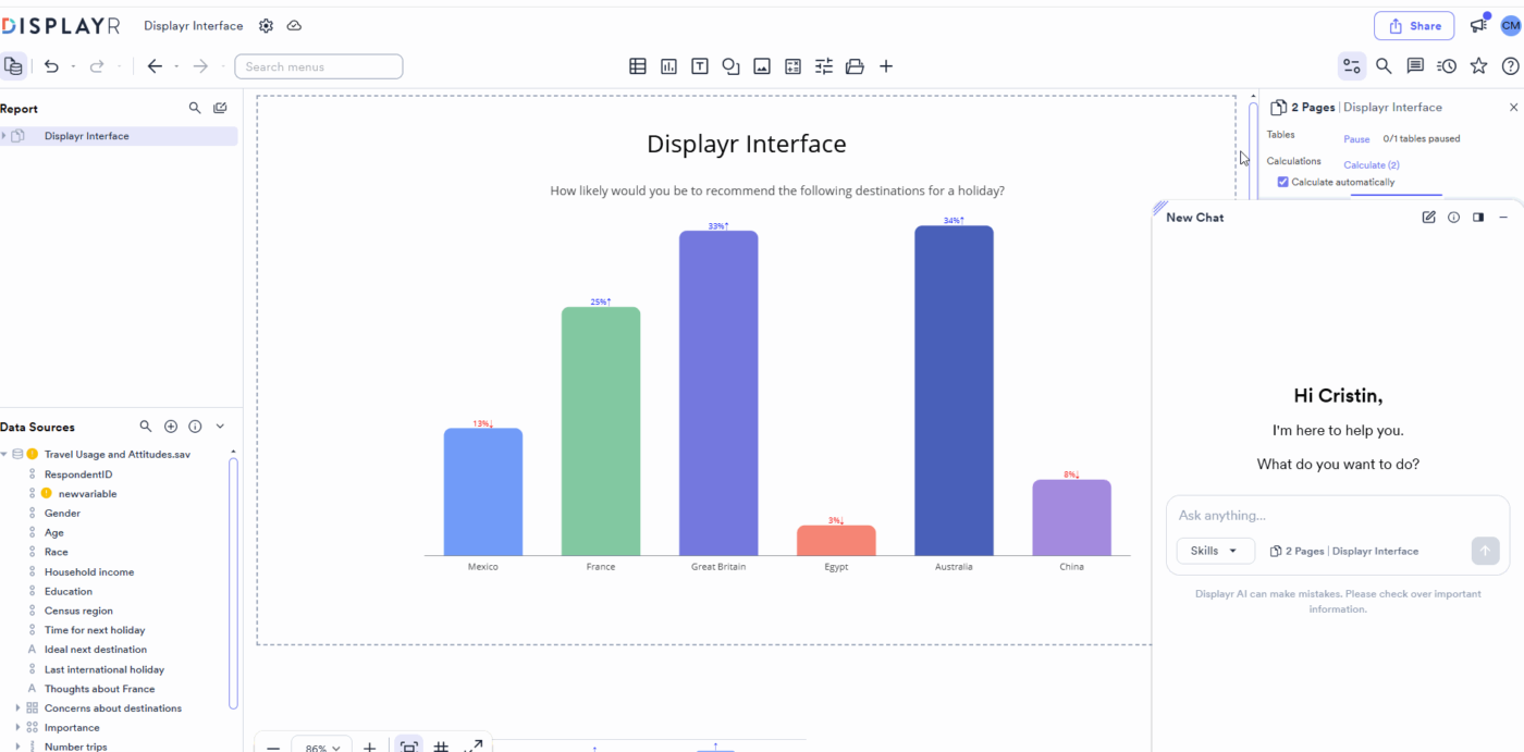 Displayr Chat building a survey research report, an example of an AI dashboard generator