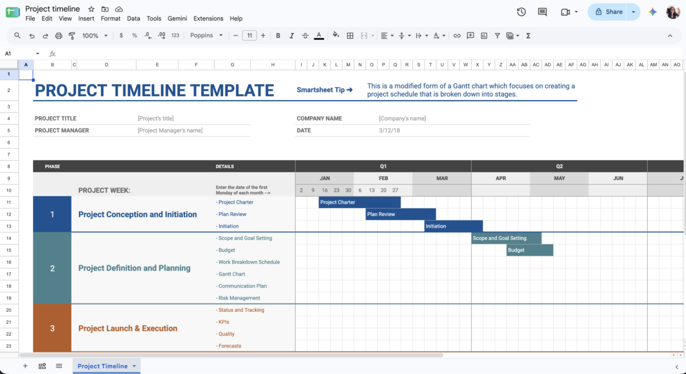 Google Sheet's Project Timeline template: Google Sheets Project Management