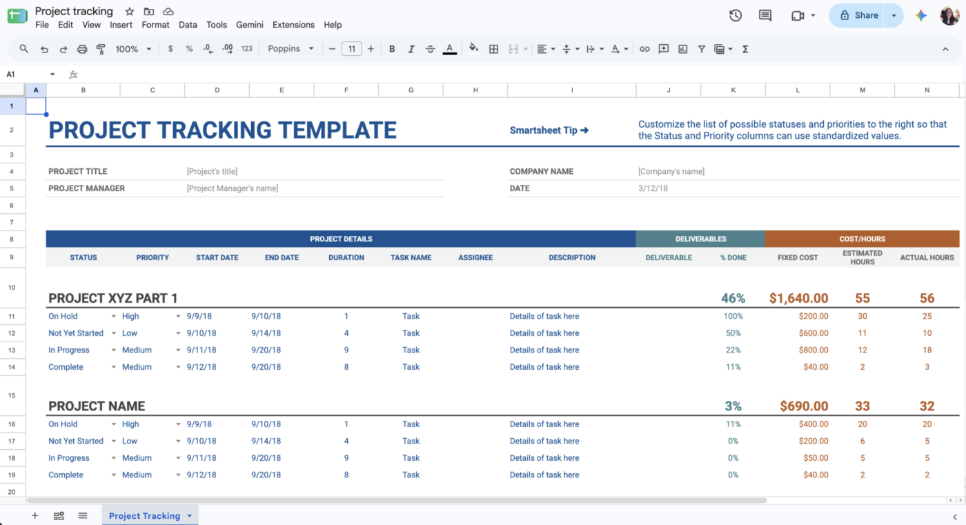 Google Sheet's Project Tracking template