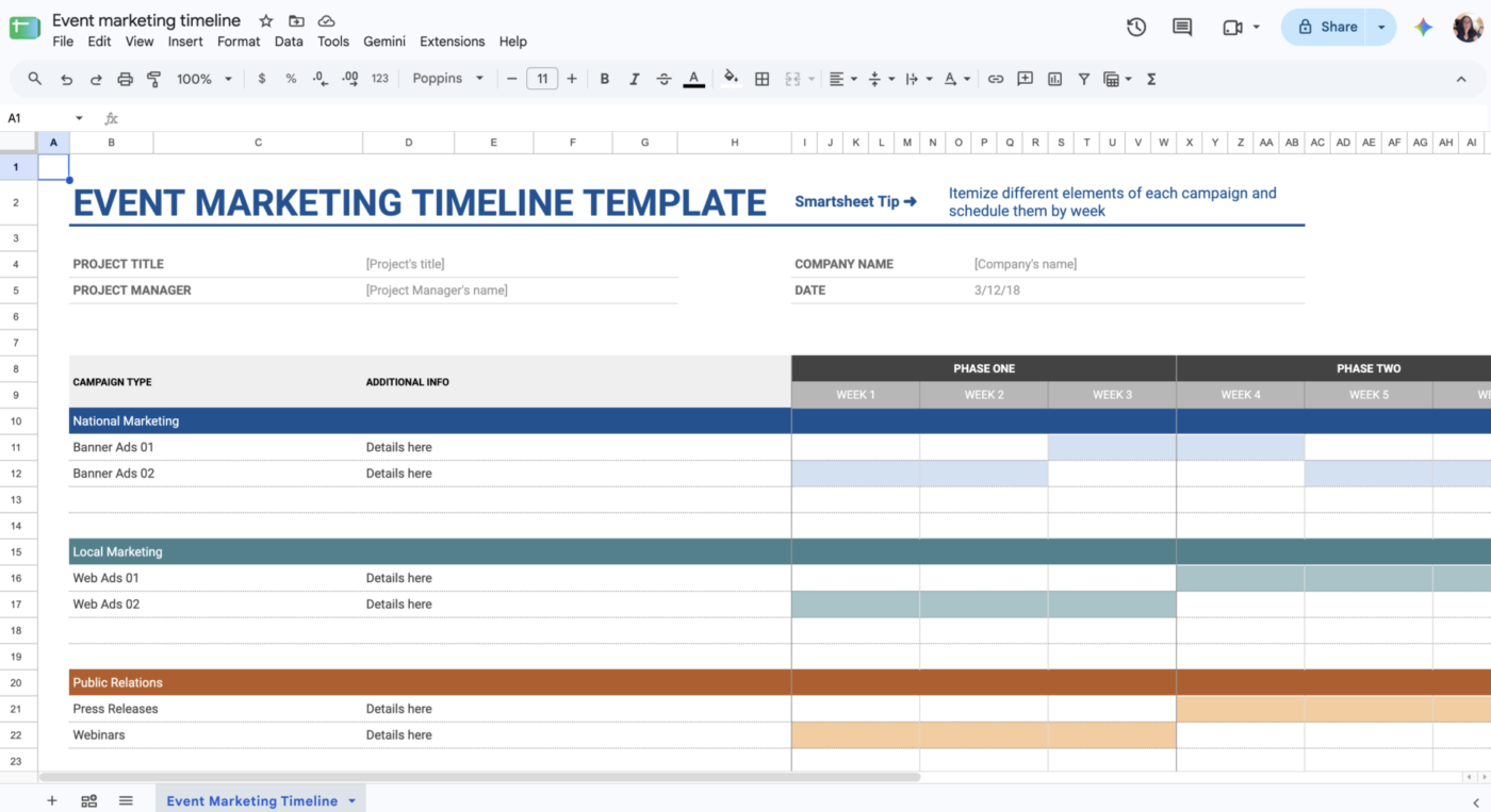 Google Sheet's Event Marketing timeline template