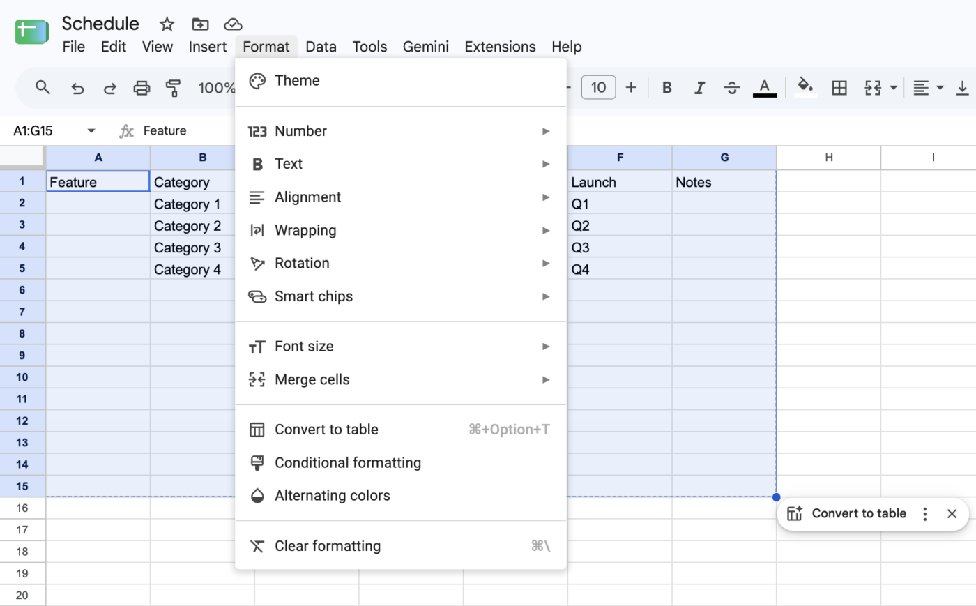 Format > Convert to table: Google Sheets Project Management