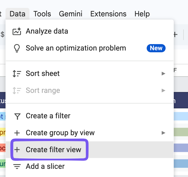 Data > Create filter view: Google Sheets Project Management