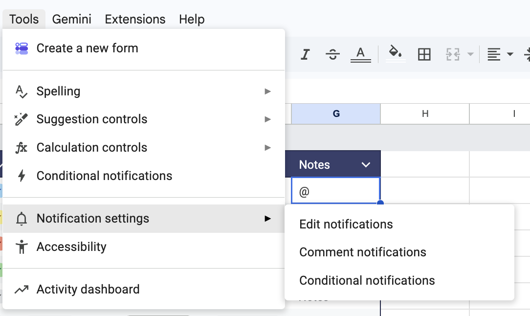 Tools > Notification settings > Edit notifications: Google Sheets Project Management