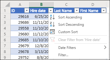 Sort and filter an Excel Table by a project field such as Workstream