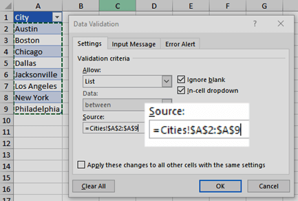 Data > Data Validation, select List, and point to the source: excel project management