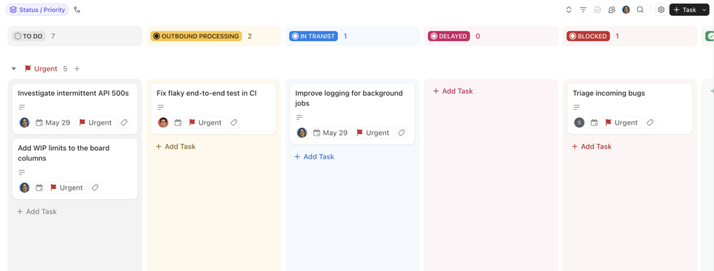 Track work across stages with ClickUp Board View using flexible task groupings: excel project management