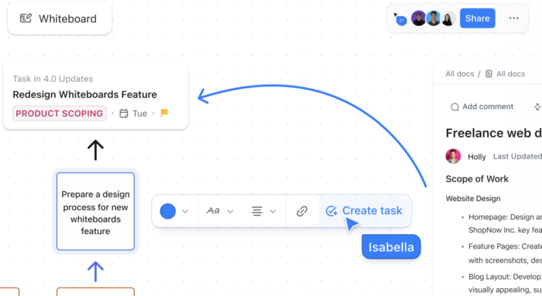 Turn brainstorms and diagrams into actionable tasks directly from ClickUp Whiteboards