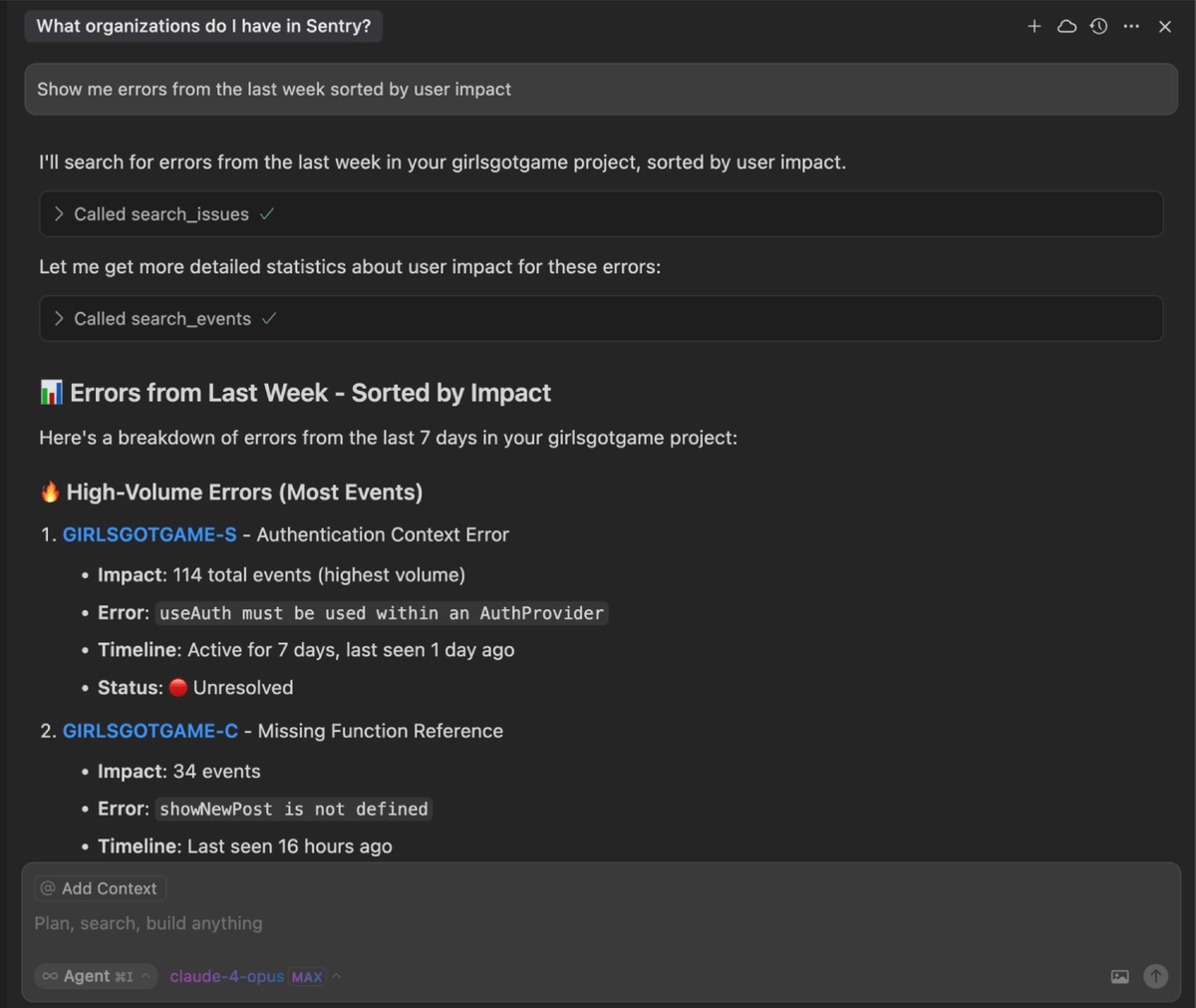 Cursor agent chat using Sentry MCP tools to search issues and events, then list production errors from the last week with event counts, error messages, and unresolved status