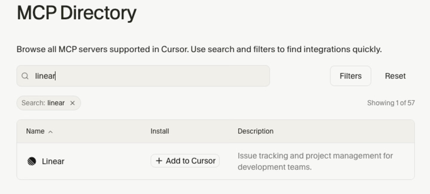 Cursor MCP servers directory filtered for Linear, showing its issue-tracking and project-management description and the Add to Cursor installation button