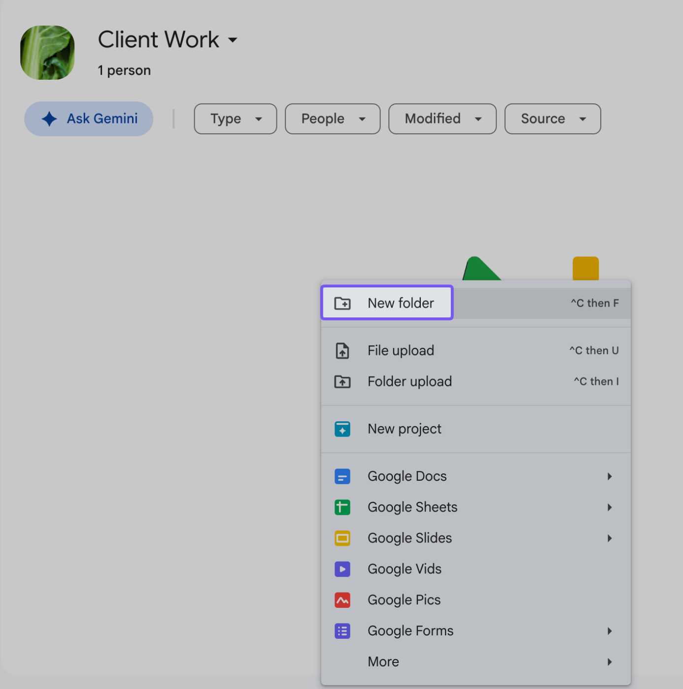 New > New folder: google drive client portal