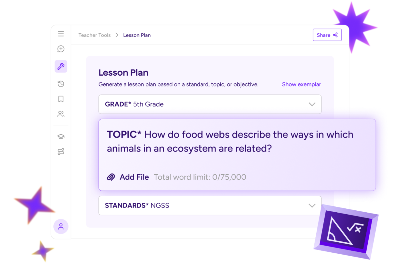 MagicSchool lesson plan form with fifth grade selected, a food-web topic, and NGSS standards