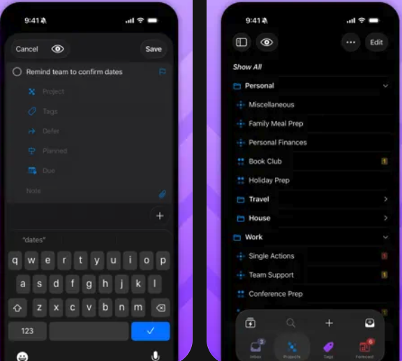 OmniFocus 4 on iPhone showing task-entry fields and projects grouped under Personal and Work