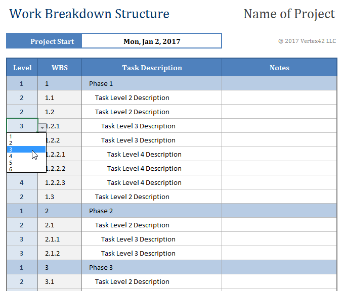 Vertex42 work breakdown structure template with numbered WBS levels breaking a project into deliverables and tasks