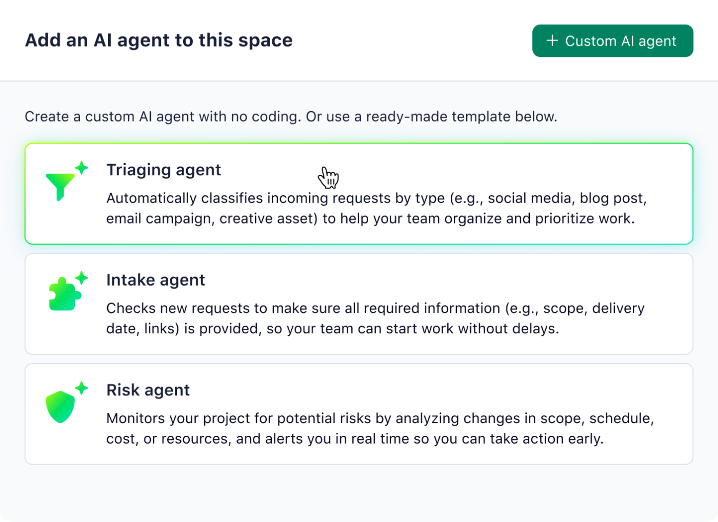 Wrike AI Agents for project management showing an agent's trigger, scope, and actions
