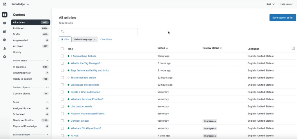 Zendesk Knowledge All articles list showing 1632 Help Center articles with published status and review state