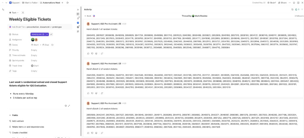 Weekly Eligible Tickets task with Eli posting batched ticket IDs for IQS evaluation