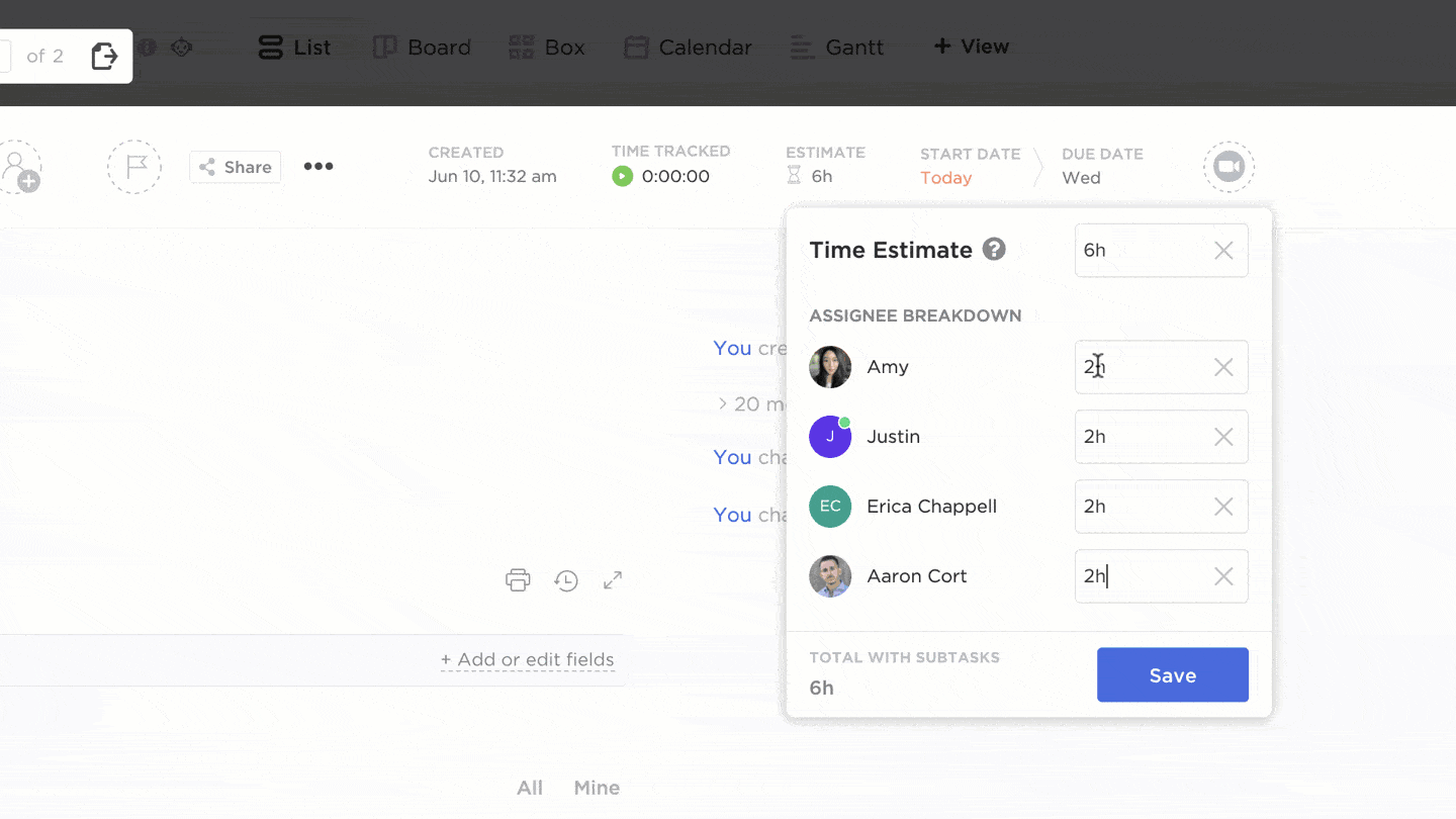 Split time estimates between people.