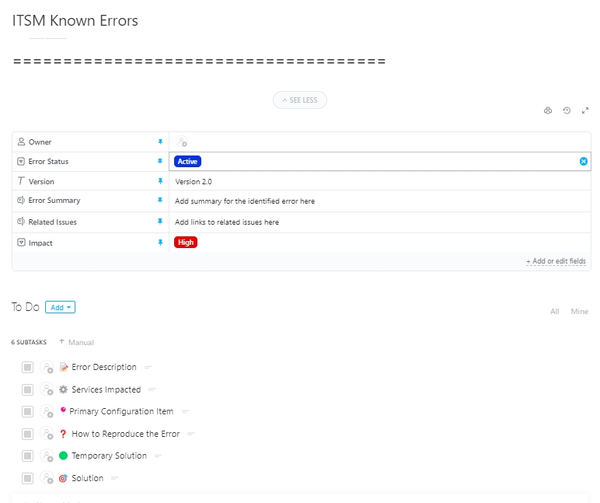 ITSM Known Errors Template By ClickUp