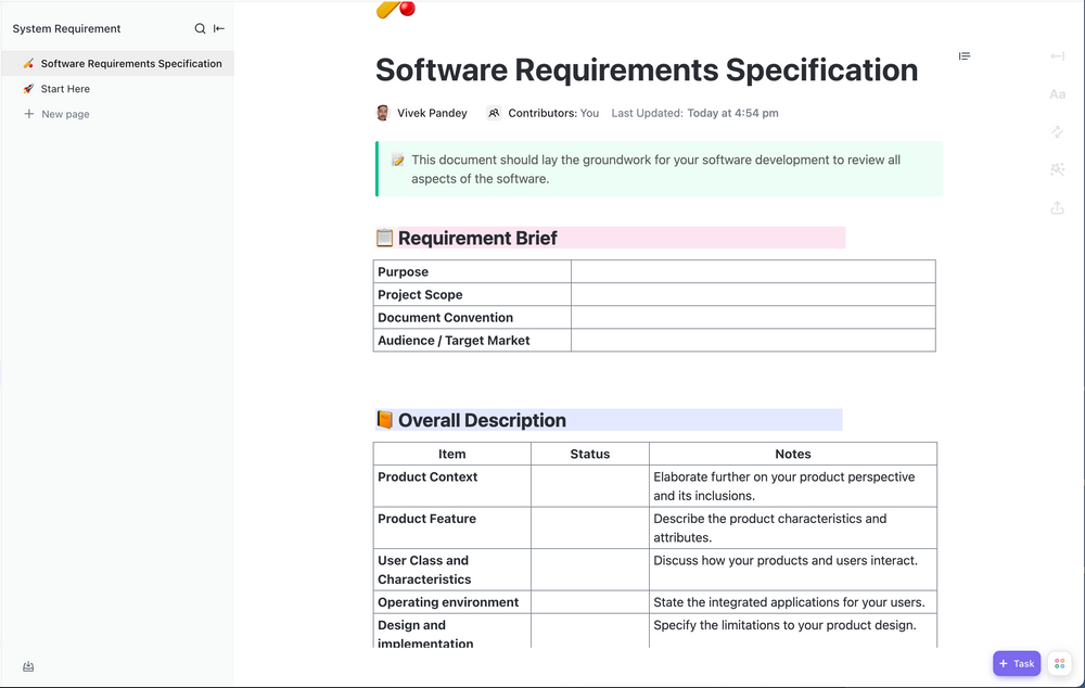 System Requirements Template by ClickUp™