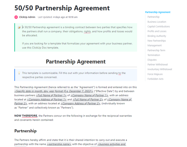 50/50 Partnership Agreement | Template By ClickUp™