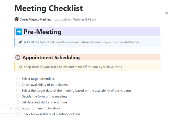 Meeting Checklist | Template by ClickUp™