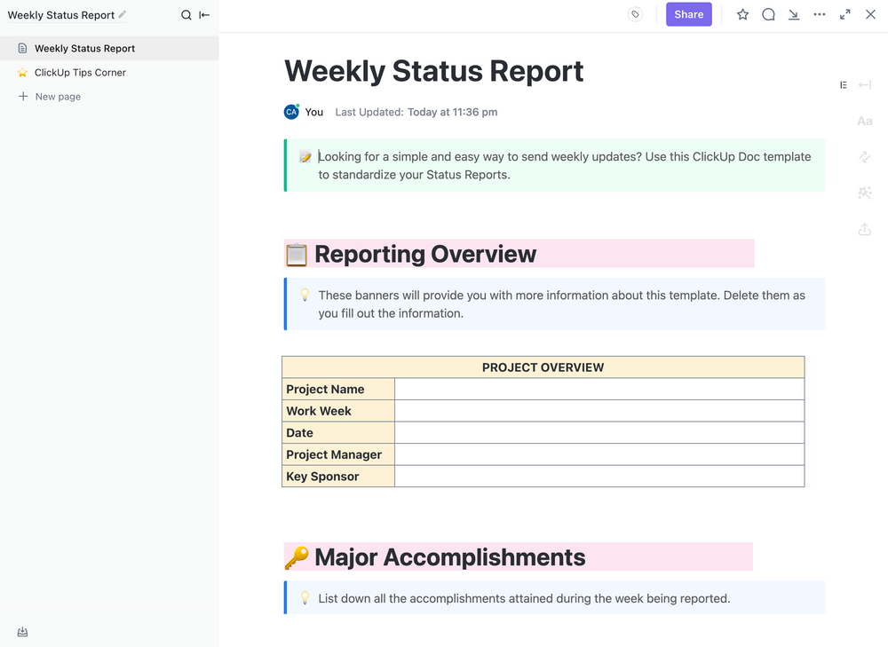 Weekly Status Report Template by ClickUp™