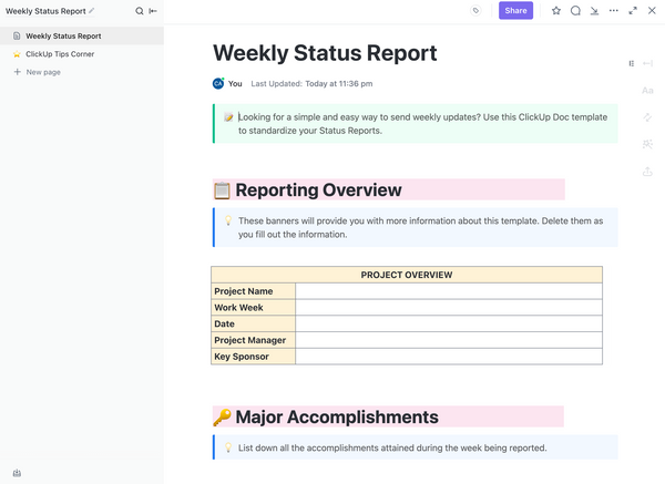 Weekly Status Report | Template by ClickUp™