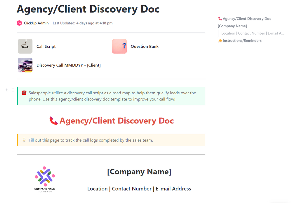 Agency/Client Discovery Doc Template by ClickUp™