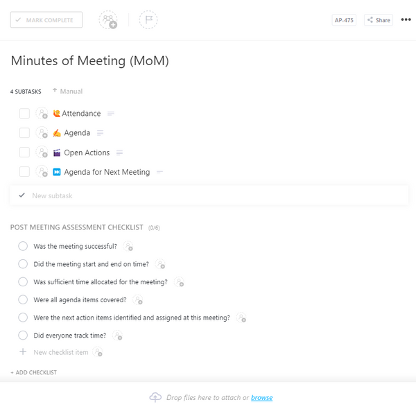 Minutes of Meeting (MoM) Template by ClickUp™