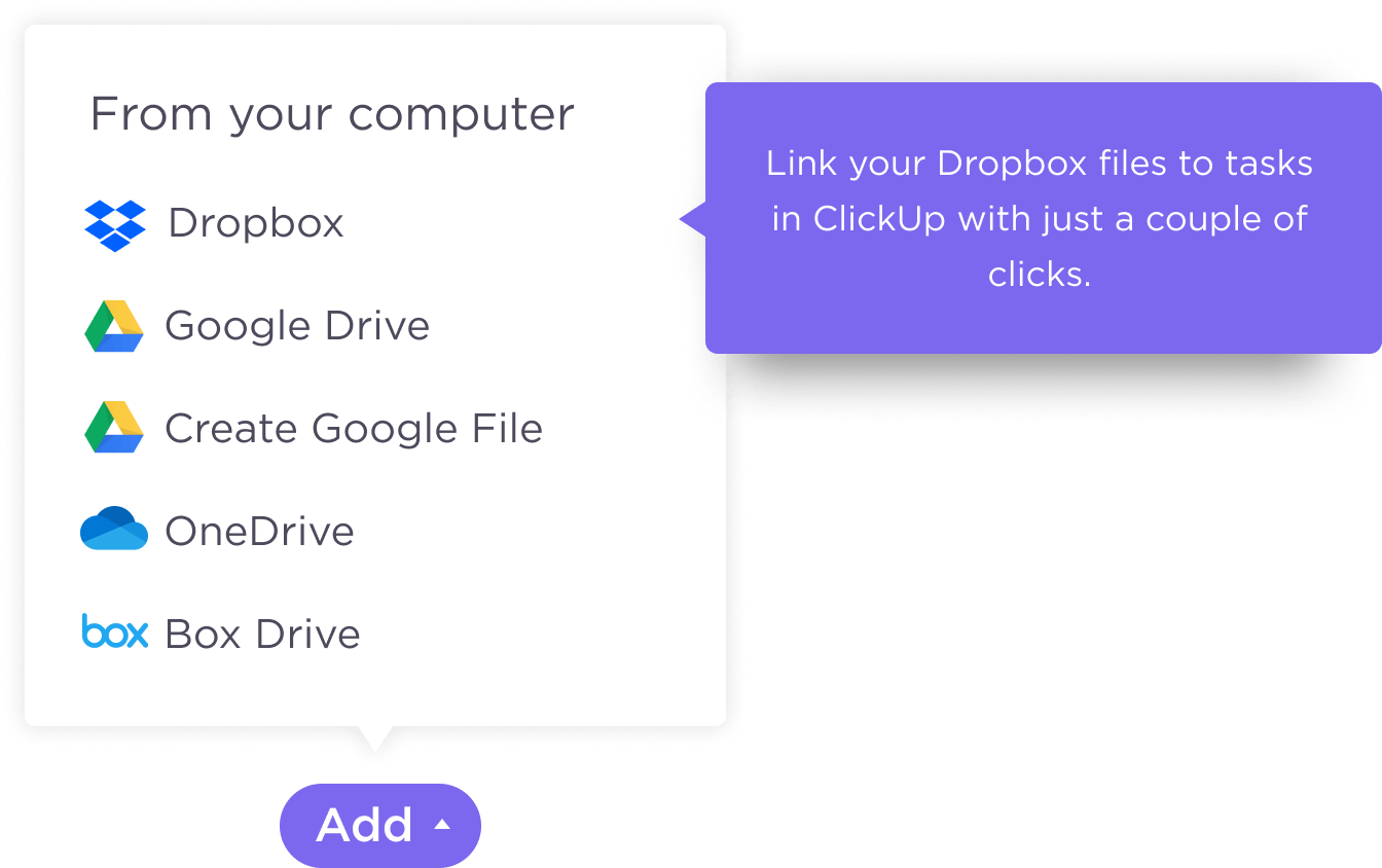 Link your Dropbox files to tasks in ClickUp with just a couple of clicks.