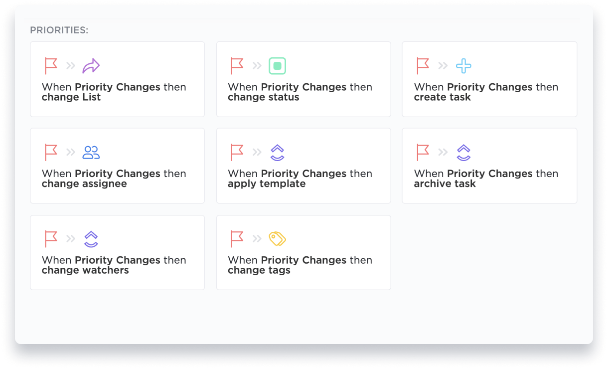 Automatically update task statuses, assignees, tags, and more when a priority changes, or create a new task.