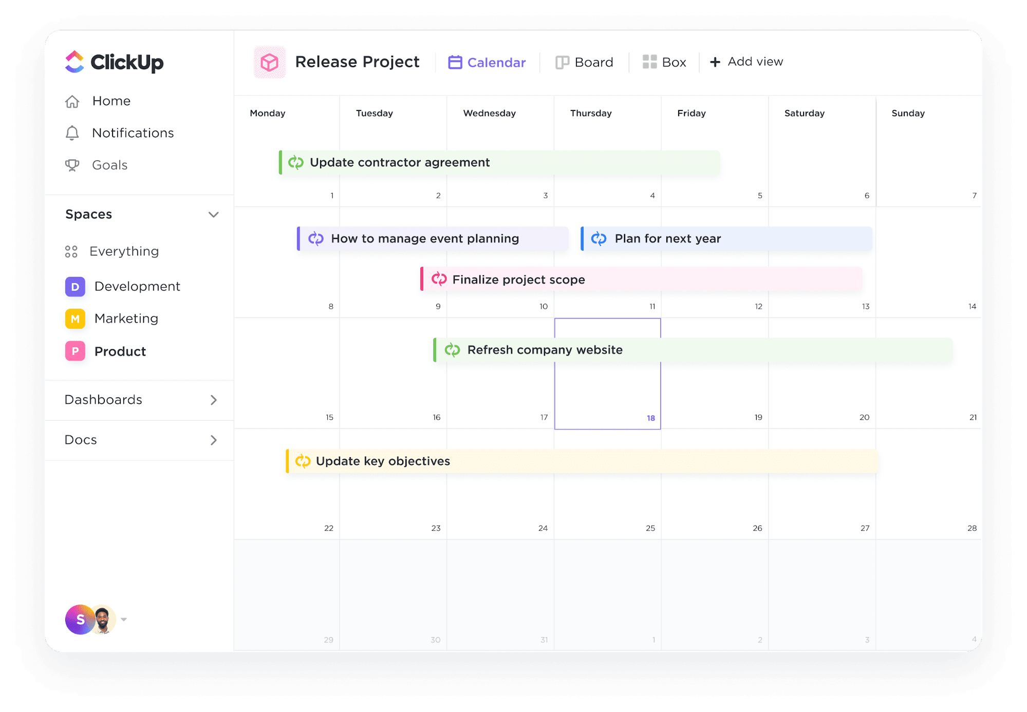 Scheduling multiple projects in ClickUp's Calendar View