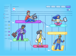 cartoon picture of people with various professions on a gantt chart