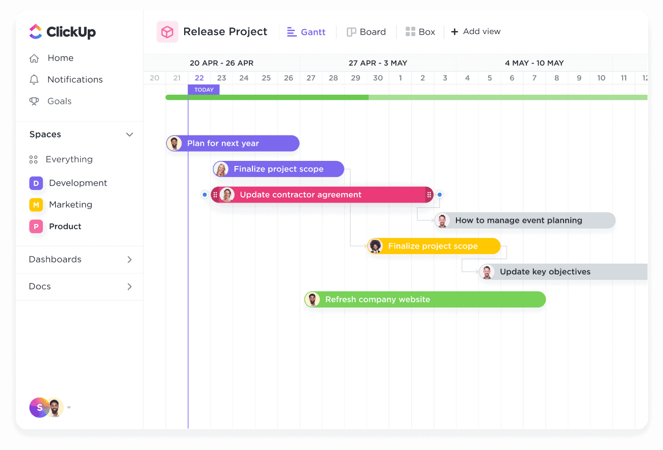 Plan time and set dependencies in Gantt view.