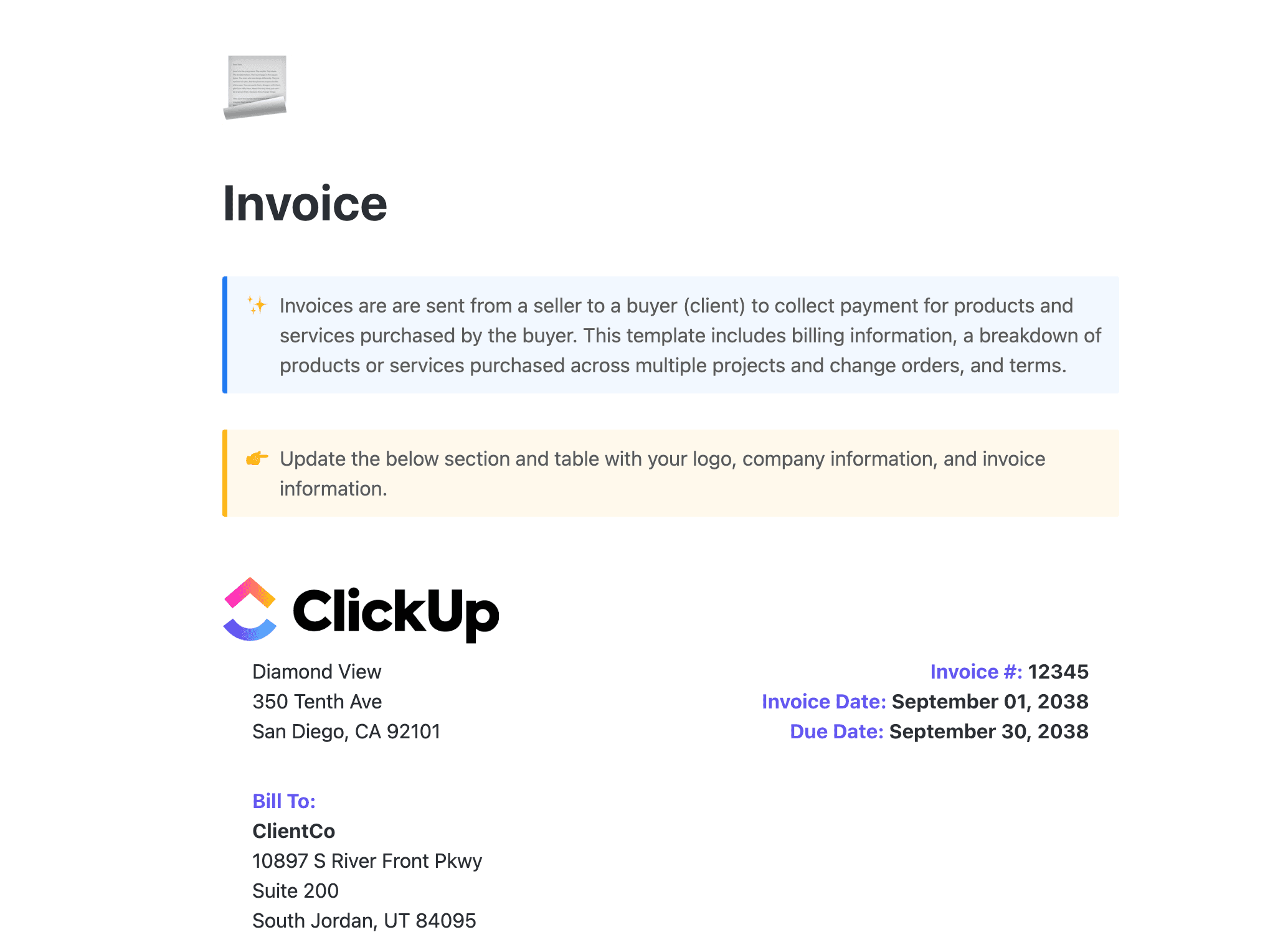 Invoices are are sent from a seller to a buyer (client) to collect payment for products and services purchased by the buyer. This template includes billing information, a breakdown of products or services purchased across multiple projects and change orders, and terms.