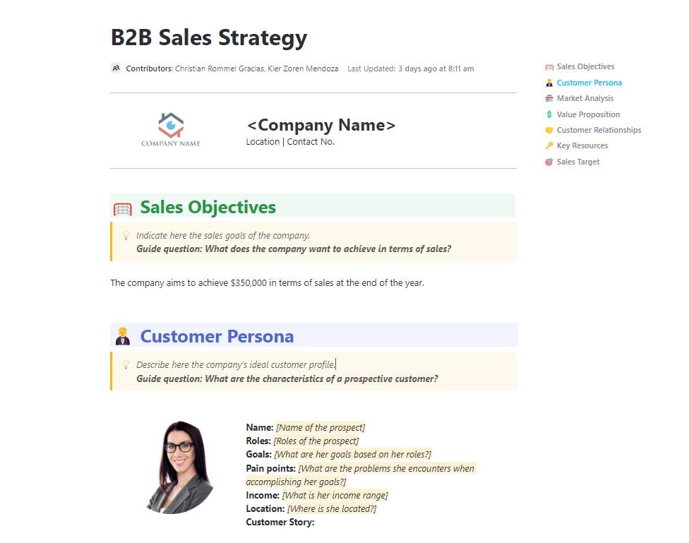 The success of your business usually depends on a well-crafted sales strategy. With this, ClickUp got you this B2B Sales Strategy template to assist you in developing this very important document.