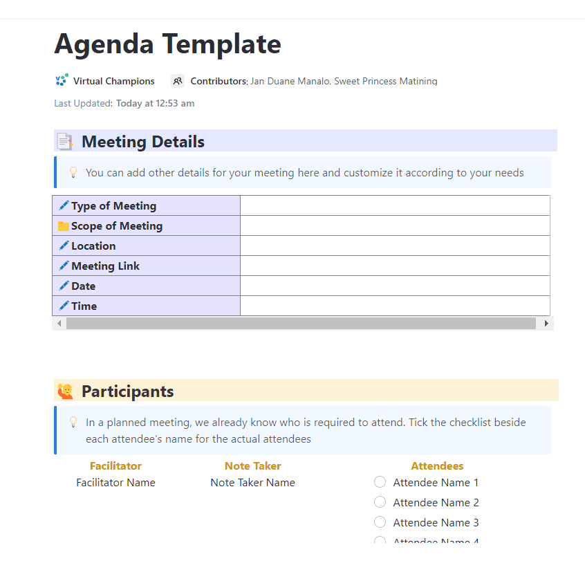 Whether it's a homeroom PTA meeting, a general staff meeting, or an executive board meeting, save effort and time for all attendees using the Agenda Template. This template provides you with an accessible option in laying out a brief list of topics and staying on track with the goals you have set.