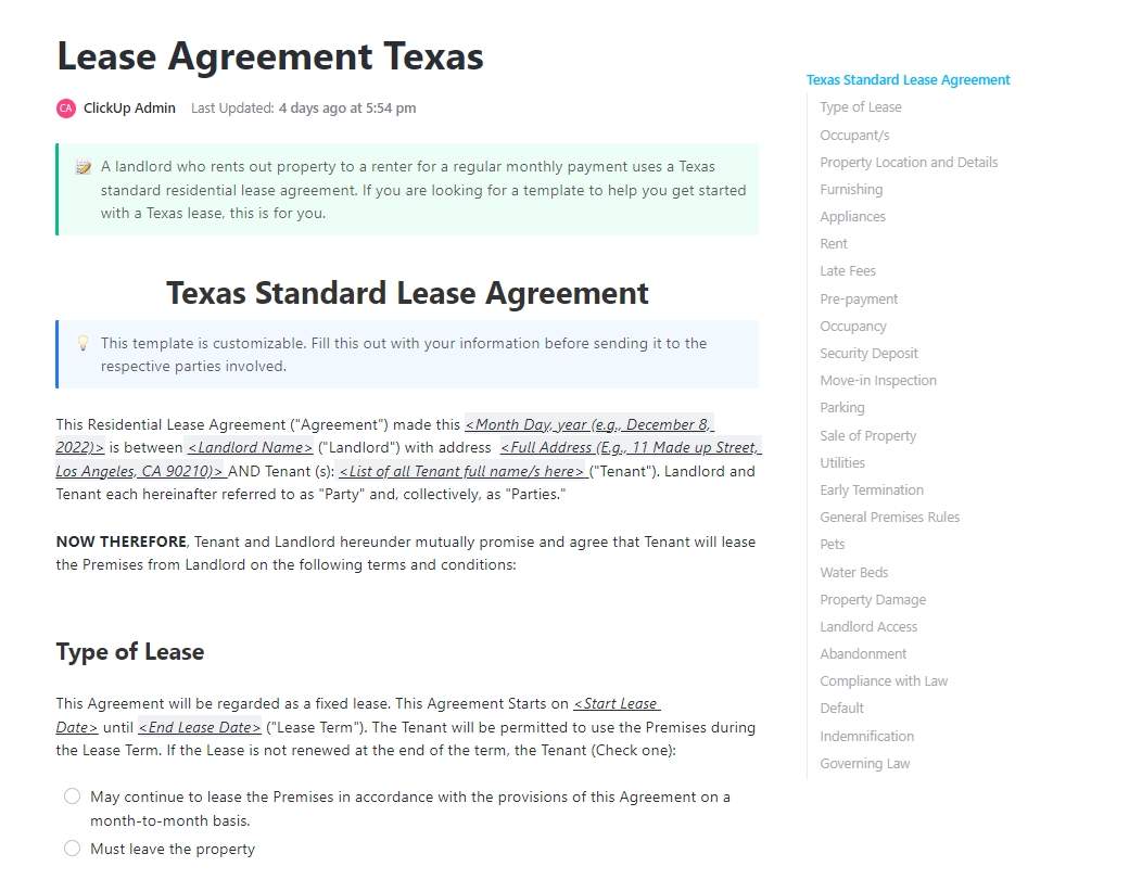 A landlord who rents out property to a renter for a regular monthly payment uses a Texas standard residential lease agreement. If you are looking for a template to help you get started with a Texas lease, this is for you.