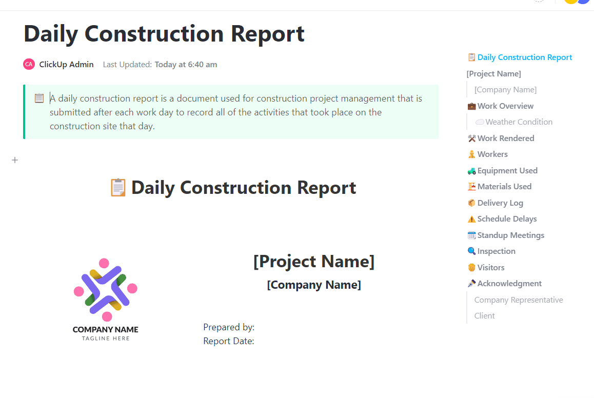 A daily construction report is a document used for construction project management that is submitted after each work day to record all of the activities that took place on the construction site that day.