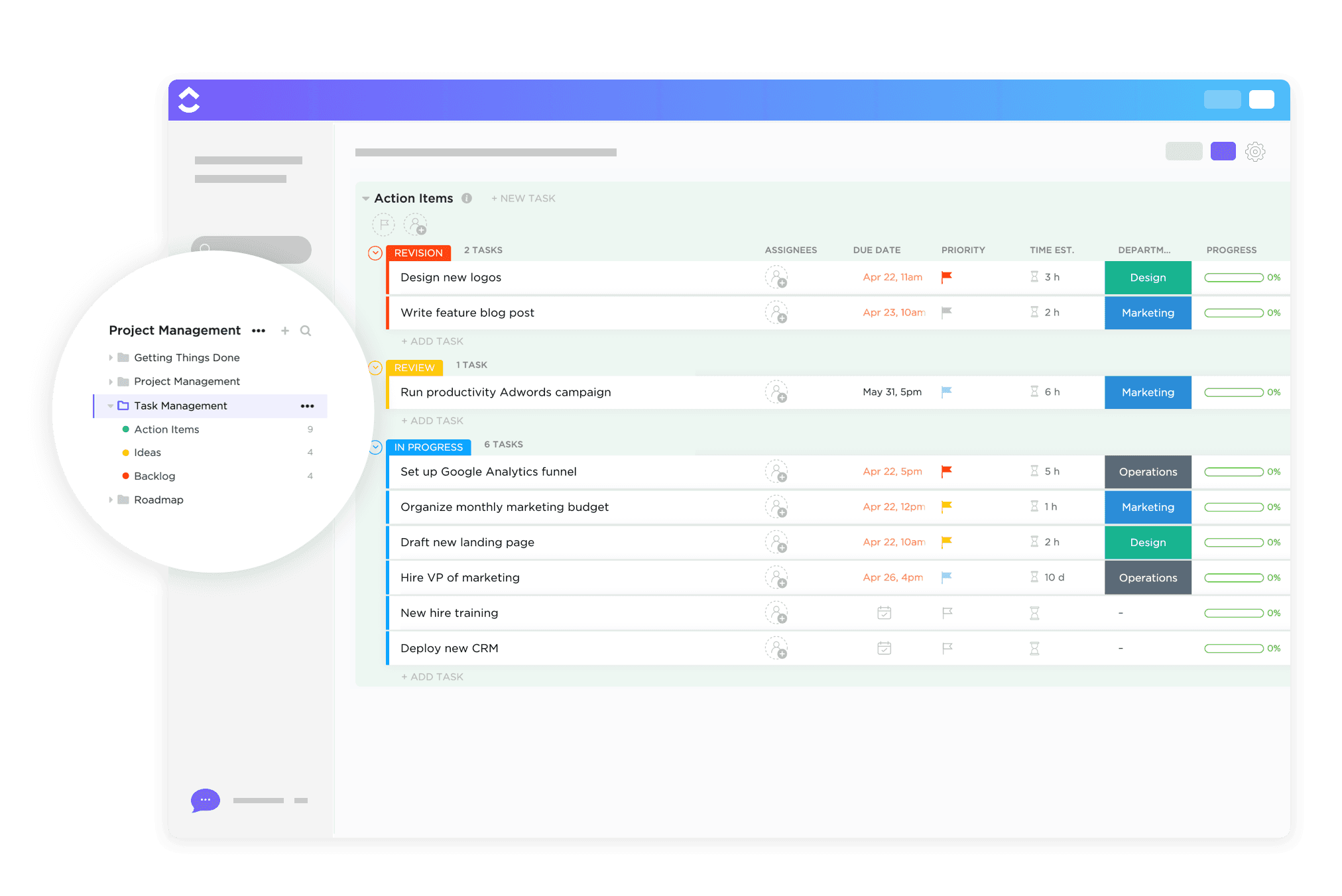 At the heart of every efficient team is one thing: excellent task management. The perfect task management template is built for all team members, projects, and workflows—which is why we created it! Give yourself the power to narrow down on the most important tasks at hand by viewing them in a List, Board, and Calendar. 