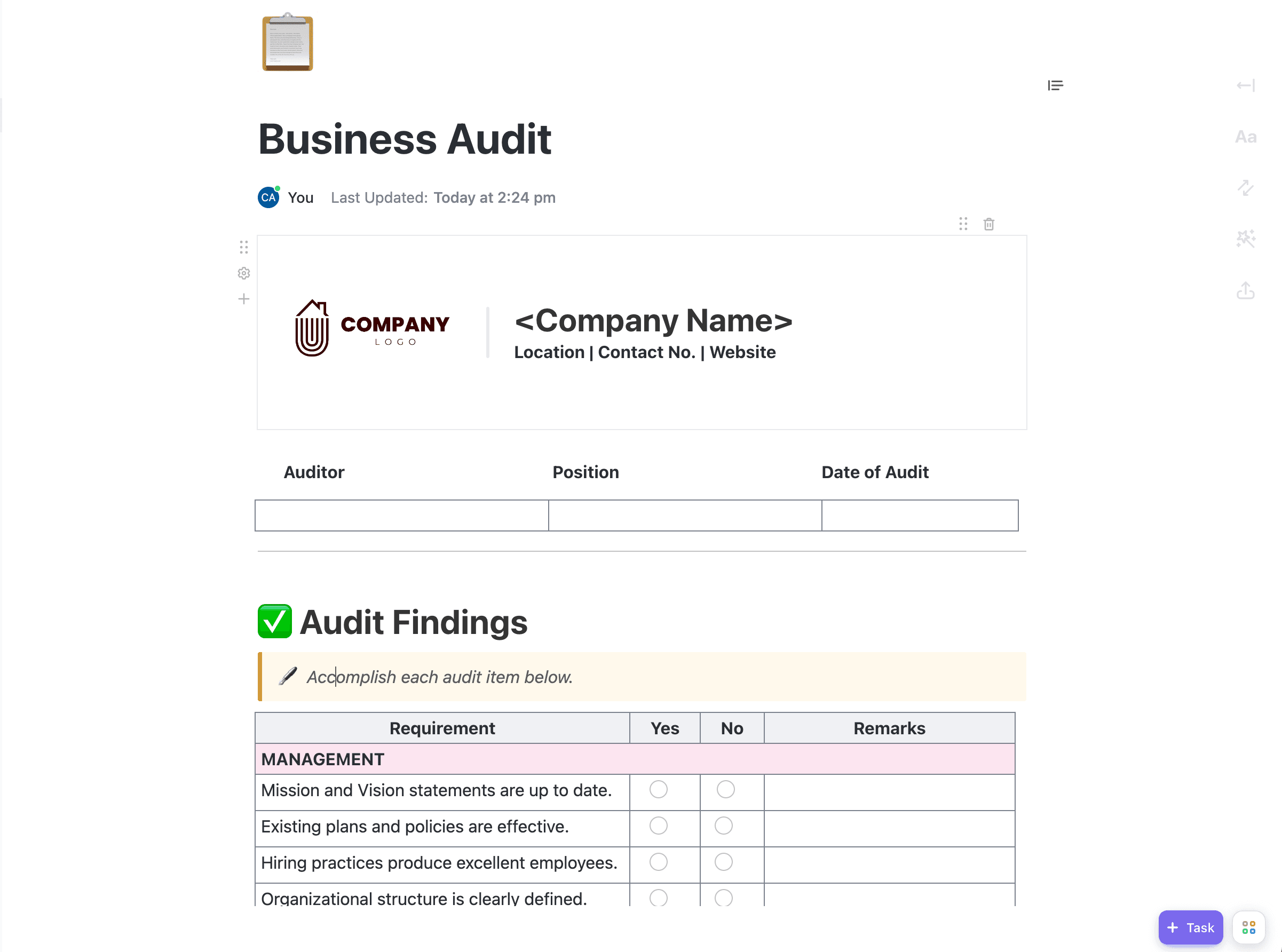 Auditing is an essential process for organizations to ensure compliance with business requirements. With this, ClickUp provides this customizable template which contains the necessary features to conduct the business auditing process with ease.