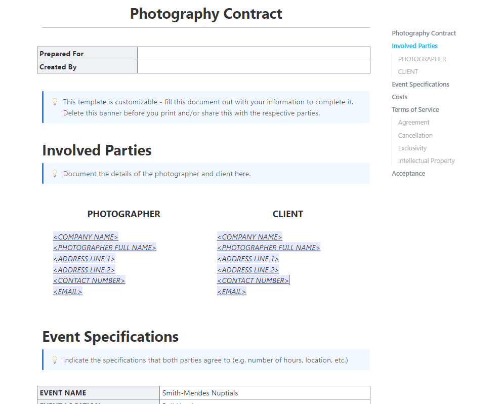 A photography contract outlines the obligations of both the photographer and the customer, in the service agreement they are getting into.  ensures that all parties are aware of their responsibilities and are all on the same page.

If you are a photographer, this ClickUp Doc template to help you get started with drafting your contract with your would-be client.