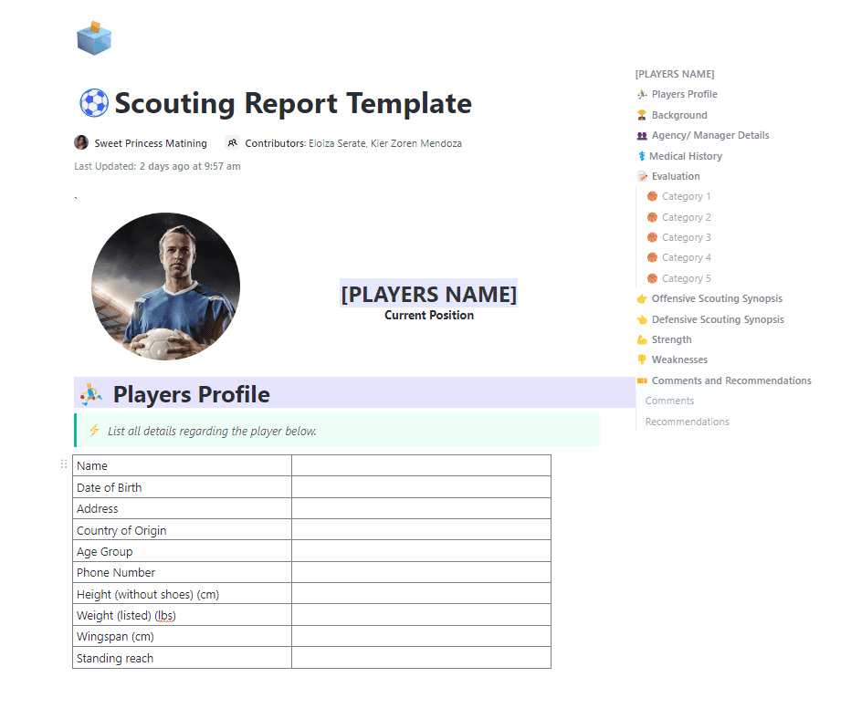 Coaches can prepare a number of reports, including Coaches Reports, Player Reports, Bench Sheets, Game Day Reports, and more, using scouting report templates. This scouting report document template contains a player's statistics and is used to compare with those of other players at their position over a specified period of time.