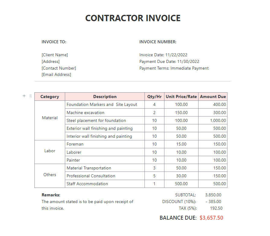Use ClickUp's Contractor Invoice Doc template to quickly and effectively create a professional invoice to get paid what you're worth without haggling. Fees for labor, materials, and consultations may be included in this template.